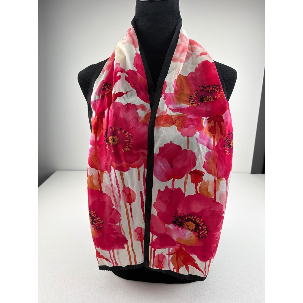 Adrienne Vittadini Silk Scarf Pink Floral Poppy Watercolor Chic Artsy
